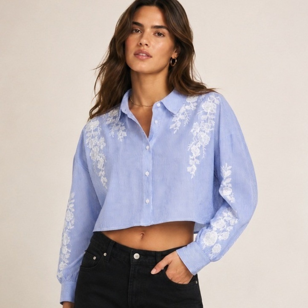 Christian Lacroix Embroidered Striped Cropped Shirt Blue White L